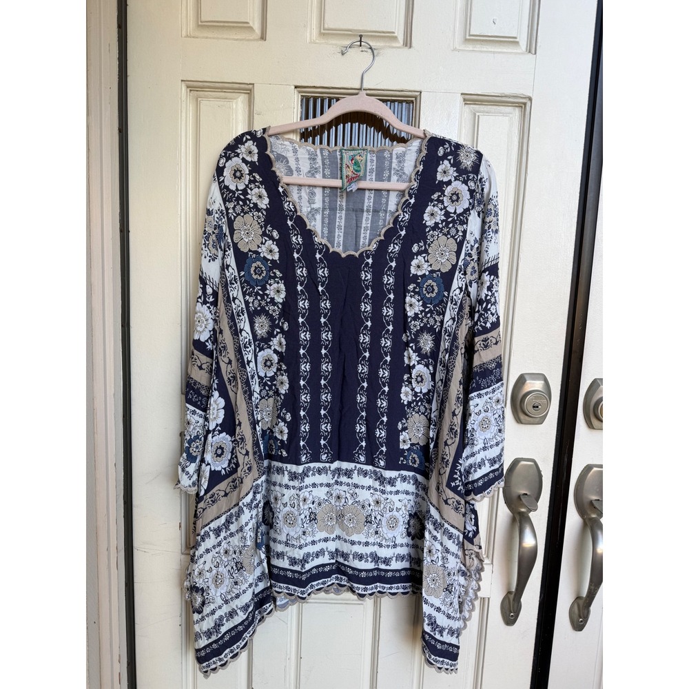 Johnny Was Navy Blue White and Beige Floral Tunic
